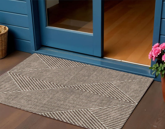 3' X 5' Brown And Ivory Geometric Washable Indoor Outdoor Area Rug