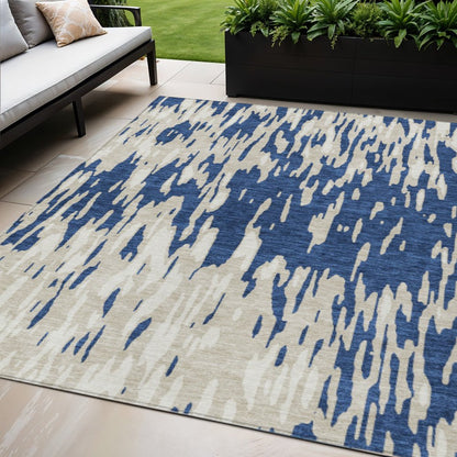 3' X 5' Navy Blue And Ivory Abstract Washable Indoor Outdoor Area Rug