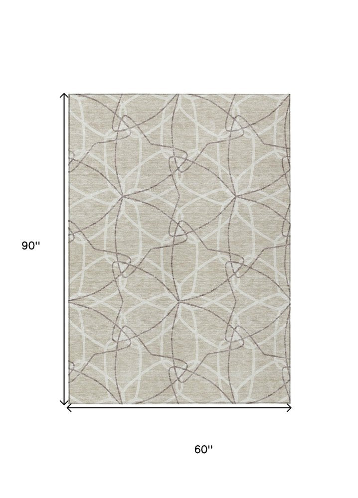 3' X 5' Beige And Ivory Geometric Washable Indoor Outdoor Area Rug