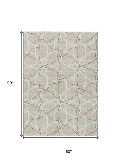 3' X 5' Beige And Ivory Geometric Washable Indoor Outdoor Area Rug