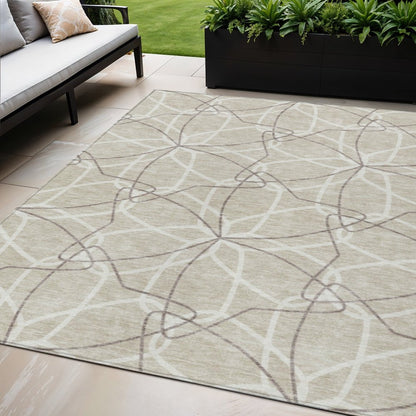 3' X 5' Beige And Ivory Geometric Washable Indoor Outdoor Area Rug