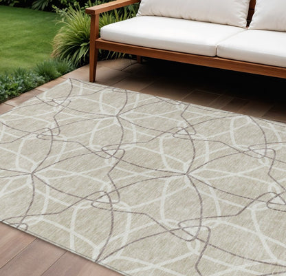 3' X 5' Beige And Ivory Geometric Washable Indoor Outdoor Area Rug