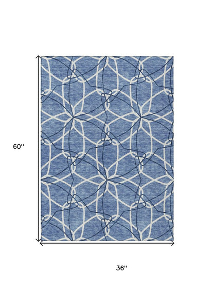 3' X 5' Denim Blue And Ivory Geometric Washable Indoor Outdoor Area Rug