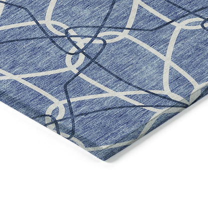 3' X 5' Denim Blue And Ivory Geometric Washable Indoor Outdoor Area Rug