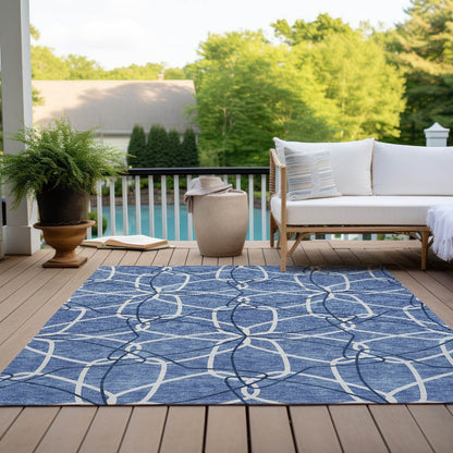 3' X 5' Denim Blue And Ivory Geometric Washable Indoor Outdoor Area Rug