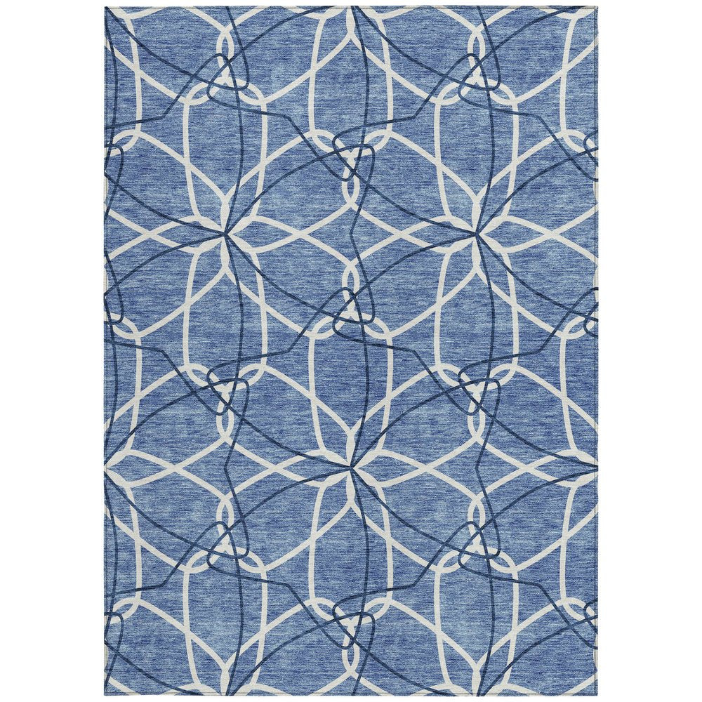 3' X 5' Denim Blue And Ivory Geometric Washable Indoor Outdoor Area Rug