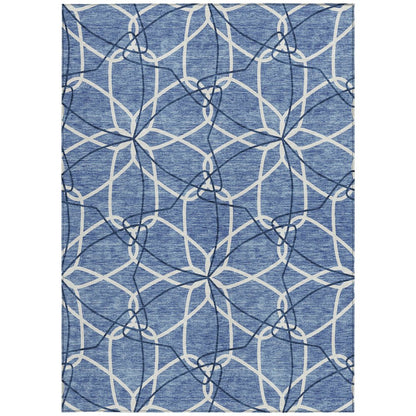3' X 5' Denim Blue And Ivory Geometric Washable Indoor Outdoor Area Rug