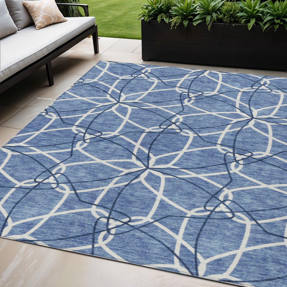 3' X 5' Denim Blue And Ivory Geometric Washable Indoor Outdoor Area Rug