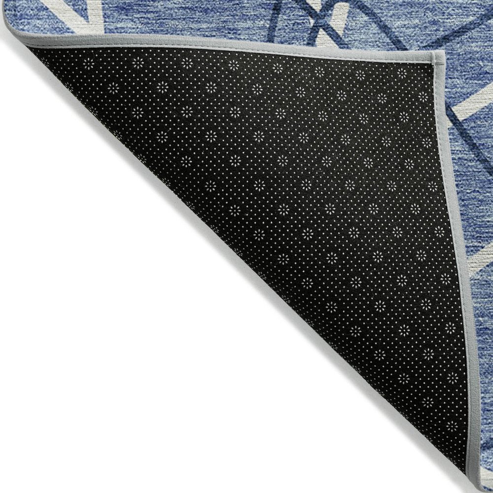 3' X 5' Denim Blue And Ivory Geometric Washable Indoor Outdoor Area Rug