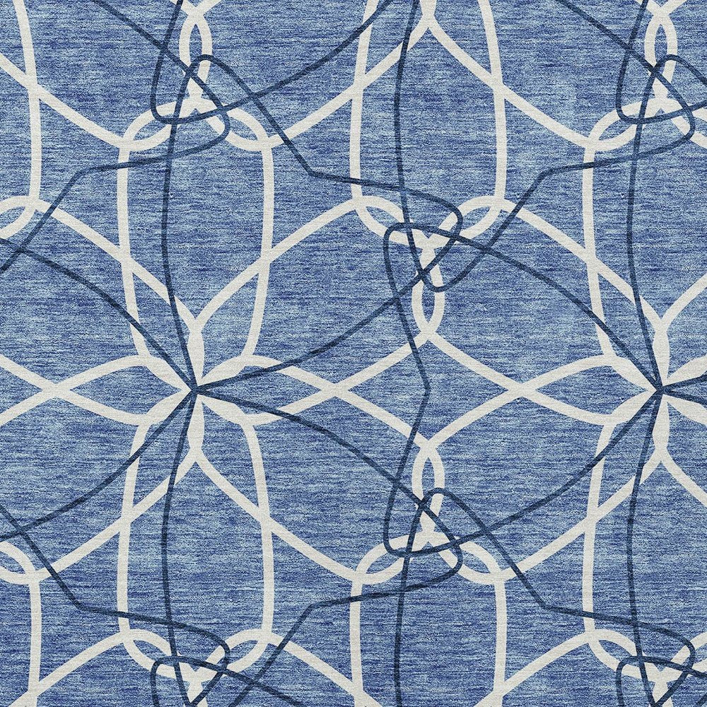 3' X 5' Denim Blue And Ivory Geometric Washable Indoor Outdoor Area Rug