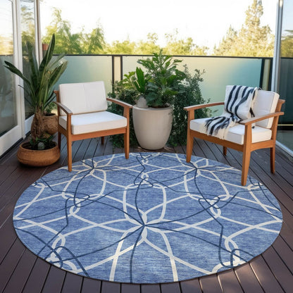 3' X 5' Denim Blue And Ivory Geometric Washable Indoor Outdoor Area Rug