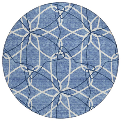 3' X 5' Denim Blue And Ivory Geometric Washable Indoor Outdoor Area Rug