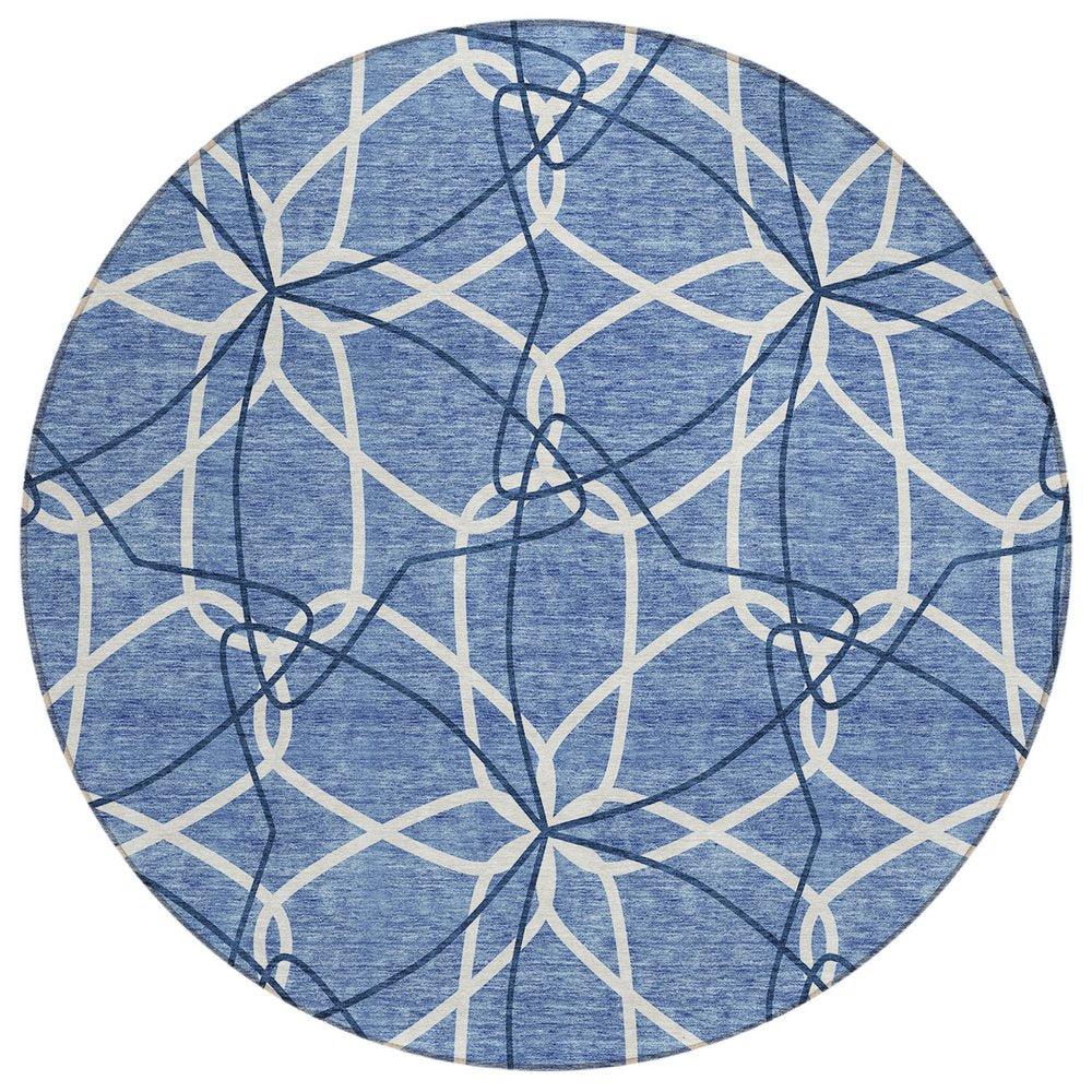 3' X 5' Denim Blue And Ivory Geometric Washable Indoor Outdoor Area Rug