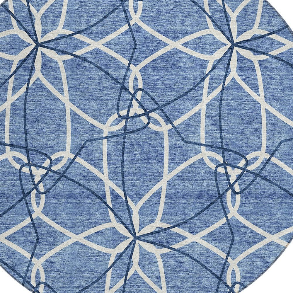 3' X 5' Denim Blue And Ivory Geometric Washable Indoor Outdoor Area Rug