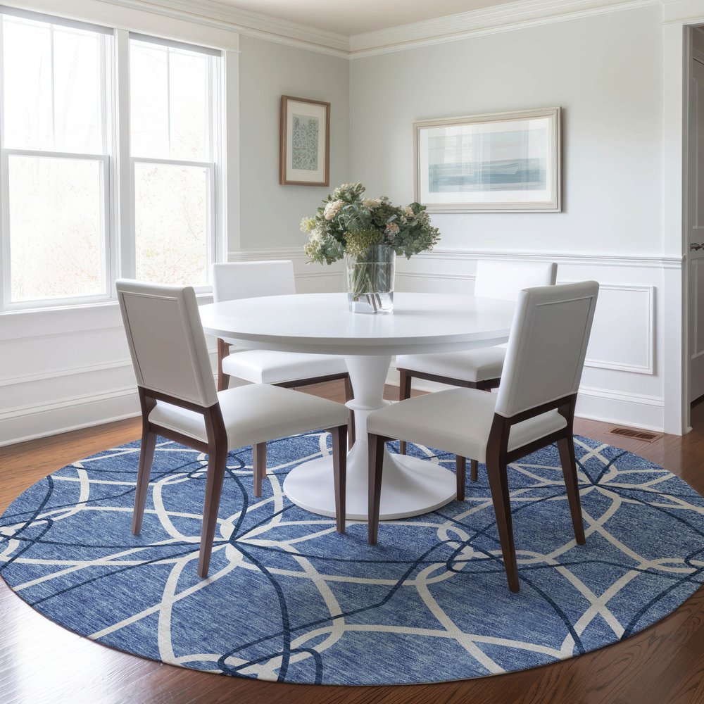 3' X 5' Denim Blue And Ivory Geometric Washable Indoor Outdoor Area Rug