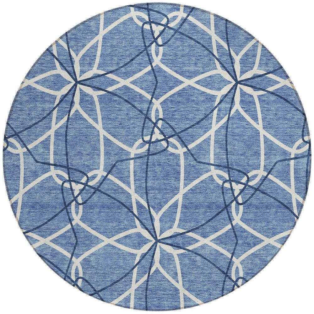 3' X 5' Denim Blue And Ivory Geometric Washable Indoor Outdoor Area Rug