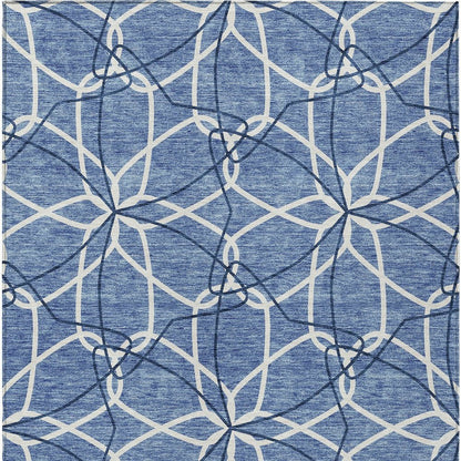 3' X 5' Denim Blue And Ivory Geometric Washable Indoor Outdoor Area Rug