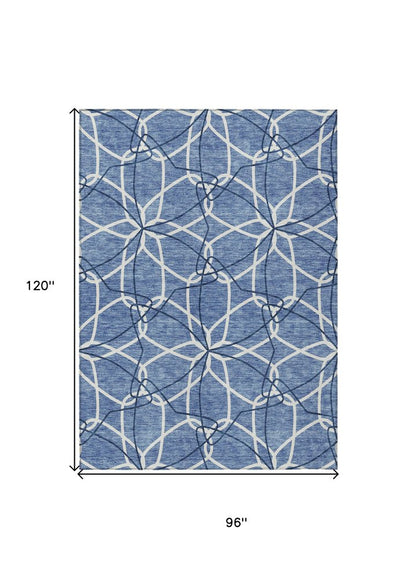 3' X 5' Denim Blue And Ivory Geometric Washable Indoor Outdoor Area Rug