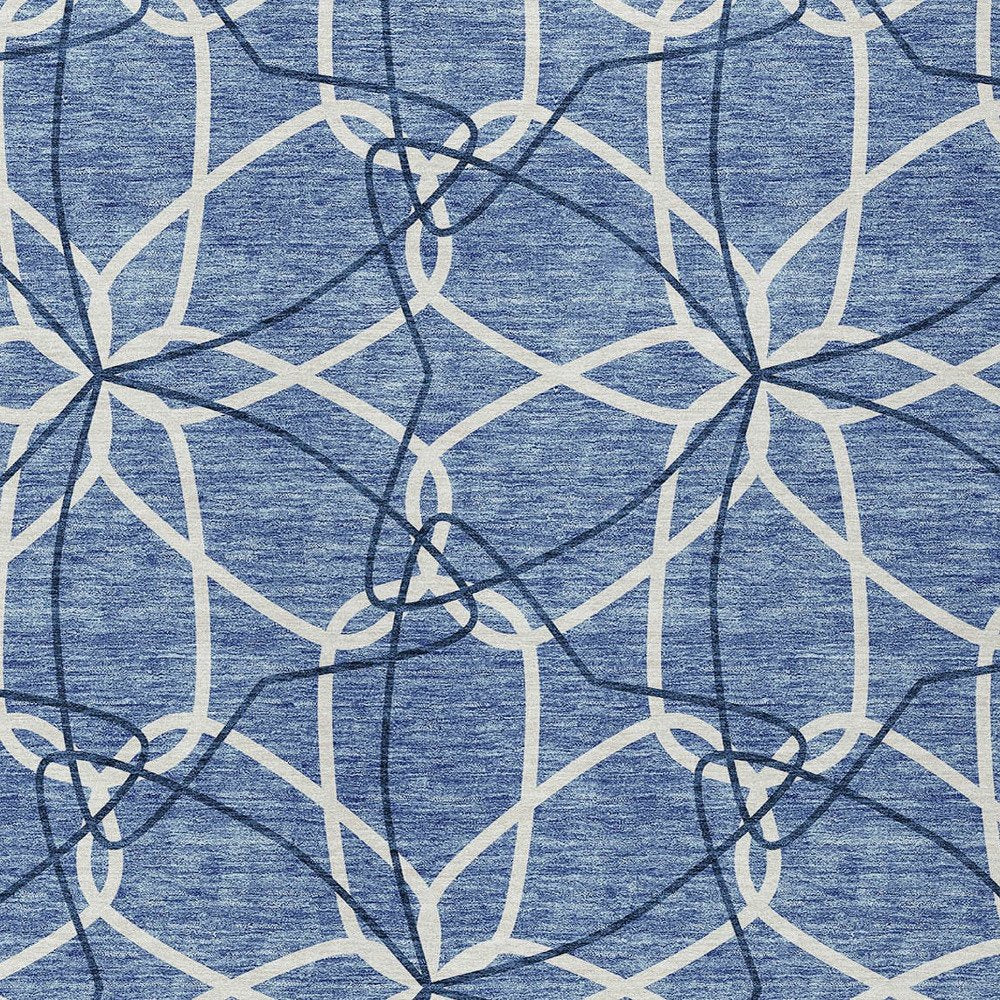 3' X 5' Denim Blue And Ivory Geometric Washable Indoor Outdoor Area Rug