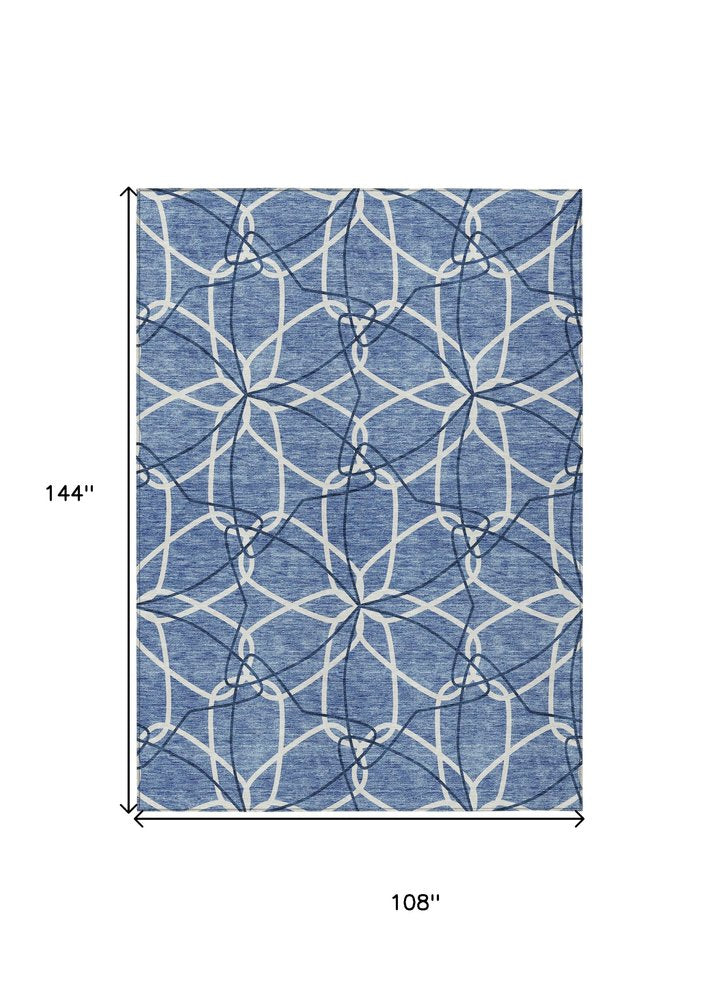3' X 5' Denim Blue And Ivory Geometric Washable Indoor Outdoor Area Rug