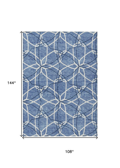 3' X 5' Denim Blue And Ivory Geometric Washable Indoor Outdoor Area Rug