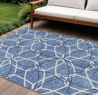 3' X 5' Denim Blue And Ivory Geometric Washable Indoor Outdoor Area Rug