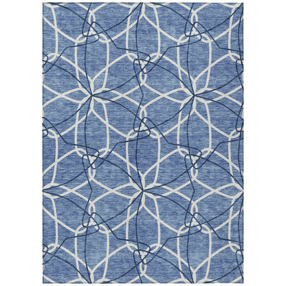 3' X 5' Denim Blue And Ivory Geometric Washable Indoor Outdoor Area Rug