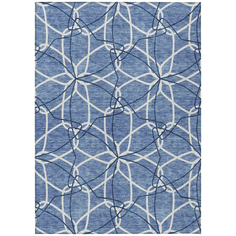 3' X 5' Denim Blue And Ivory Geometric Washable Indoor Outdoor Area Rug