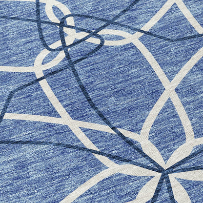 3' X 5' Denim Blue And Ivory Geometric Washable Indoor Outdoor Area Rug