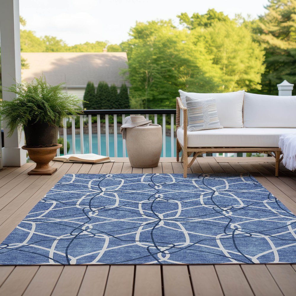 3' X 5' Denim Blue And Ivory Geometric Washable Indoor Outdoor Area Rug