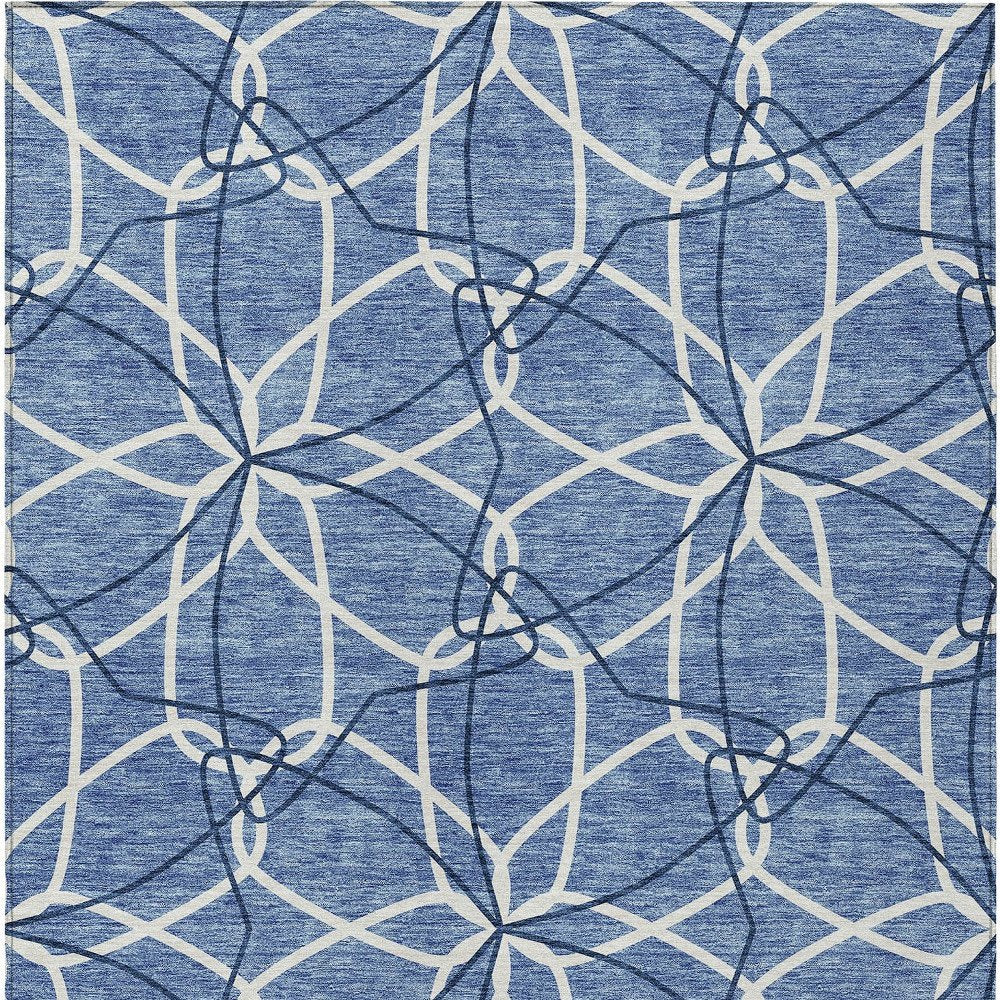 3' X 5' Denim Blue And Ivory Geometric Washable Indoor Outdoor Area Rug