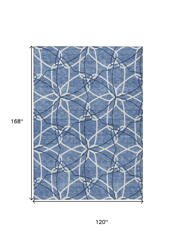 3' X 5' Denim Blue And Ivory Geometric Washable Indoor Outdoor Area Rug
