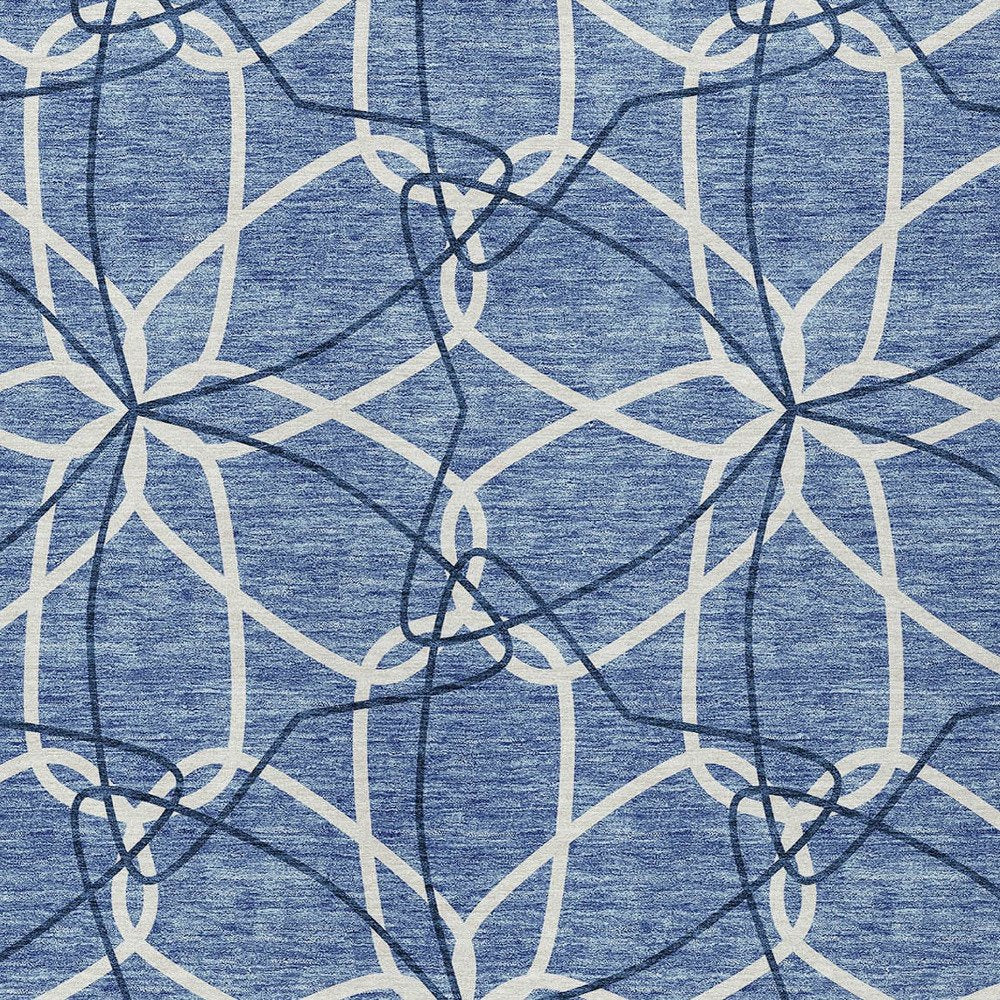 3' X 5' Denim Blue And Ivory Geometric Washable Indoor Outdoor Area Rug