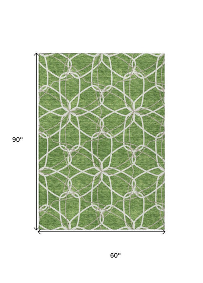 3' X 5' Green And Ivory Geometric Washable Indoor Outdoor Area Rug