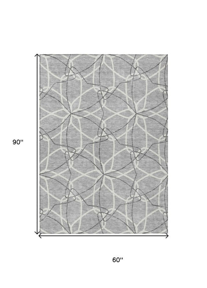 3' X 5' Gray And Ivory Geometric Washable Indoor Outdoor Area Rug