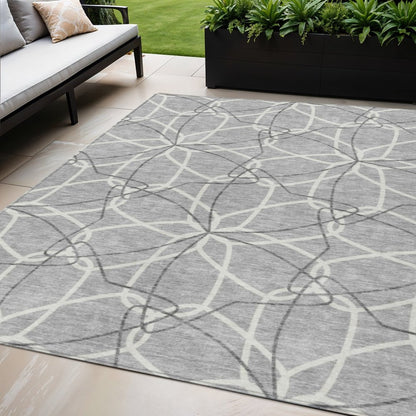 3' X 5' Gray And Ivory Geometric Washable Indoor Outdoor Area Rug