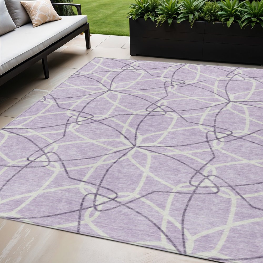 3' X 5' Lavender And Ivory Geometric Washable Indoor Outdoor Area Rug