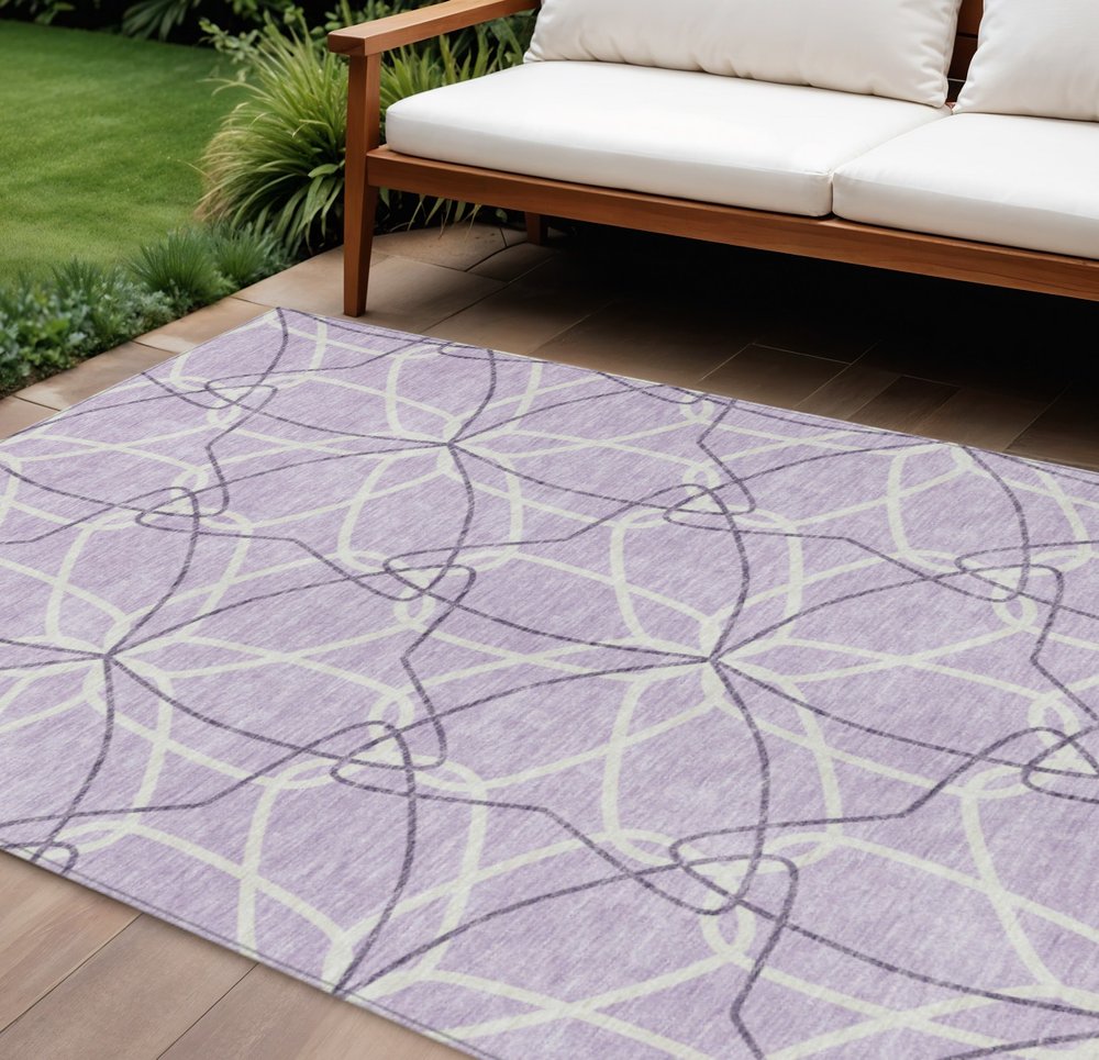 3' X 5' Lavender And Ivory Geometric Washable Indoor Outdoor Area Rug