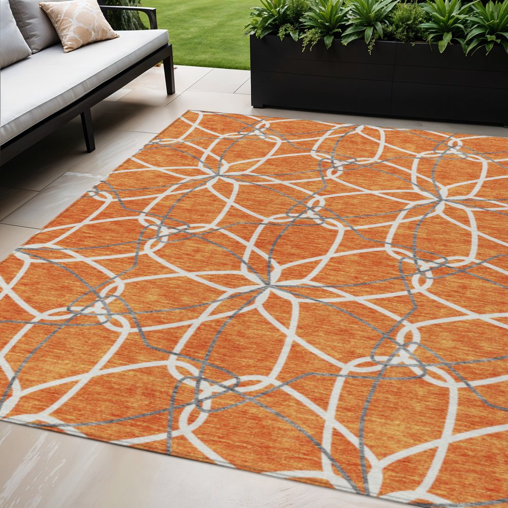 3' X 5' Orange And Ivory Geometric Washable Indoor Outdoor Area Rug