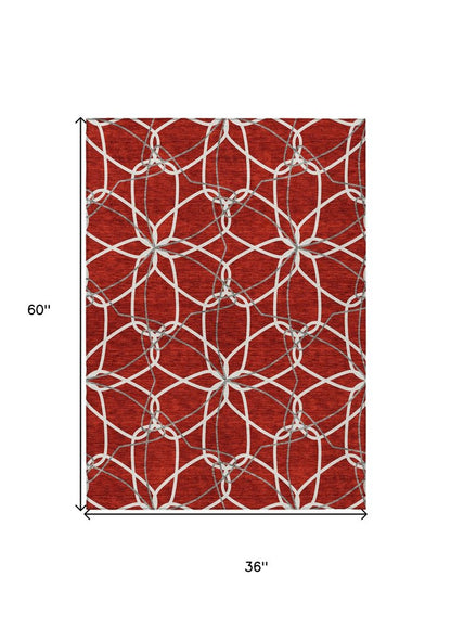 3' X 5' Red And Ivory Geometric Washable Indoor Outdoor Area Rug