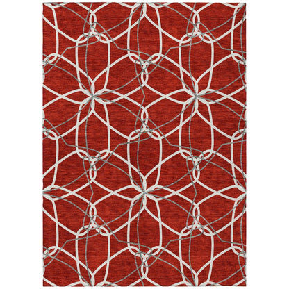 3' X 5' Red And Ivory Geometric Washable Indoor Outdoor Area Rug