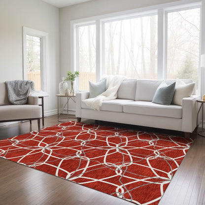 3' X 5' Red And Ivory Geometric Washable Indoor Outdoor Area Rug