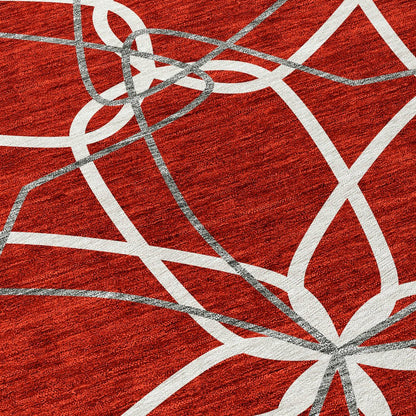 3' X 5' Red And Ivory Geometric Washable Indoor Outdoor Area Rug