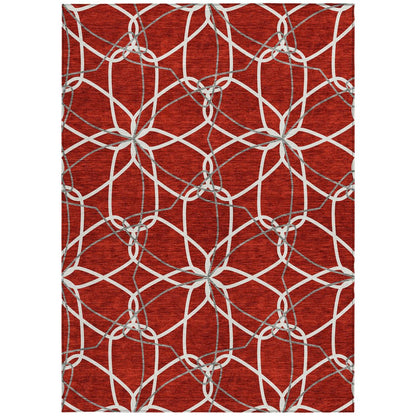 3' X 5' Red And Ivory Geometric Washable Indoor Outdoor Area Rug