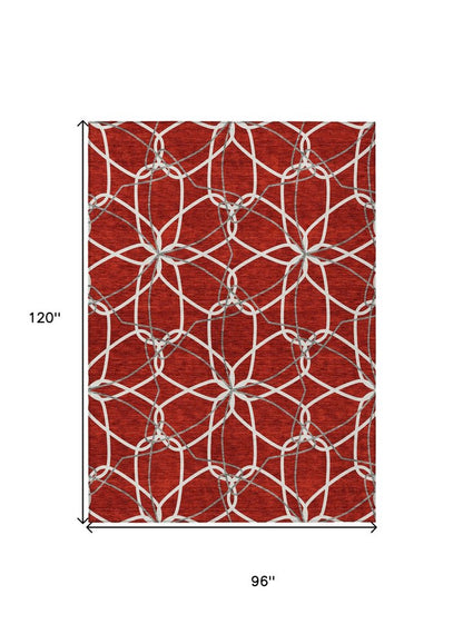 3' X 5' Red And Ivory Geometric Washable Indoor Outdoor Area Rug