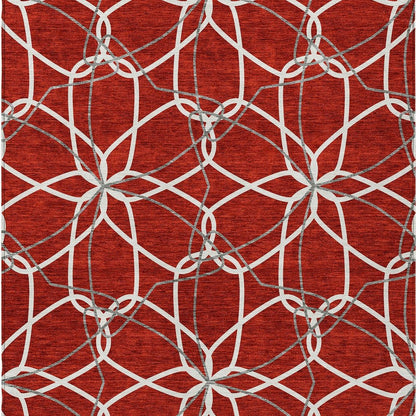 3' X 5' Red And Ivory Geometric Washable Indoor Outdoor Area Rug