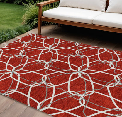 3' X 5' Red And Ivory Geometric Washable Indoor Outdoor Area Rug