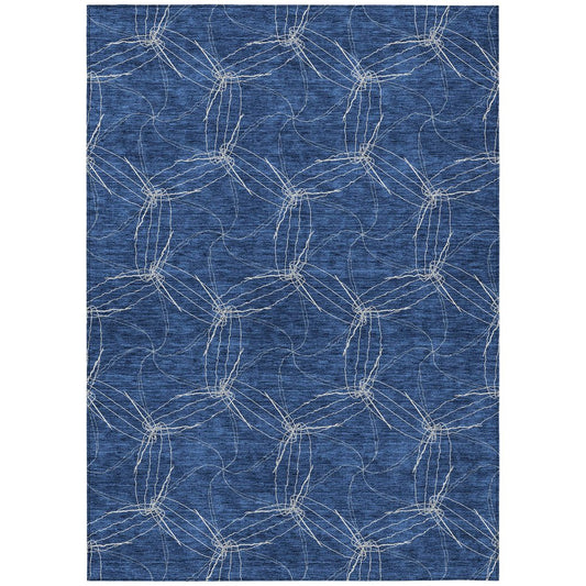 3' X 5' Navy Blue And Ivory Geometric Washable Indoor Outdoor Area Rug