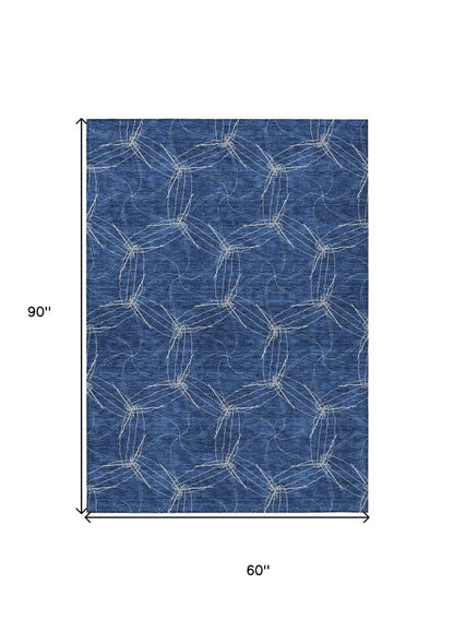 3' X 5' Navy Blue And Ivory Geometric Washable Indoor Outdoor Area Rug