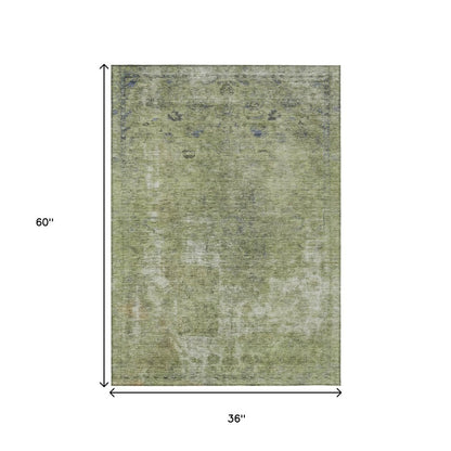 3' X 5' Artichoke Green And Beige Abstract Washable Indoor Outdoor Area Rug